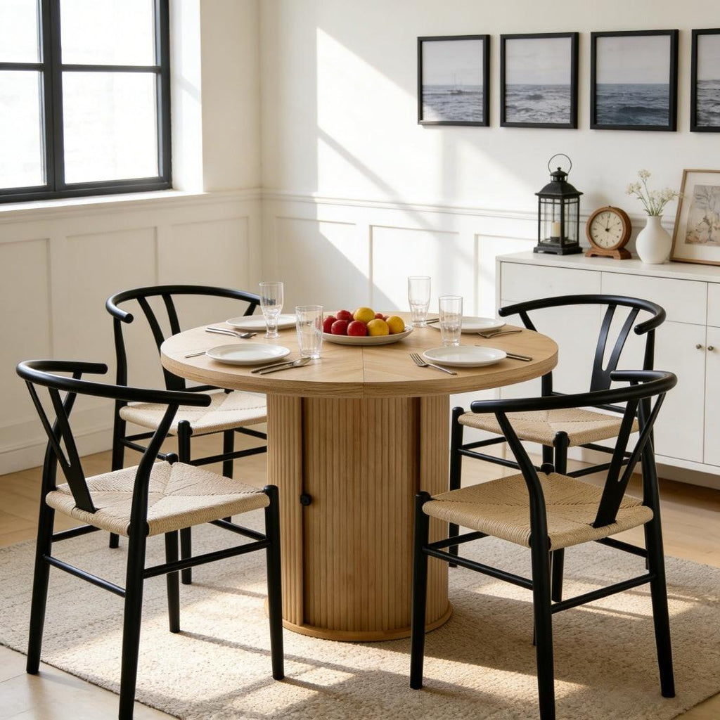 Black Woven Dining Chairs Set with Roman Column Table.