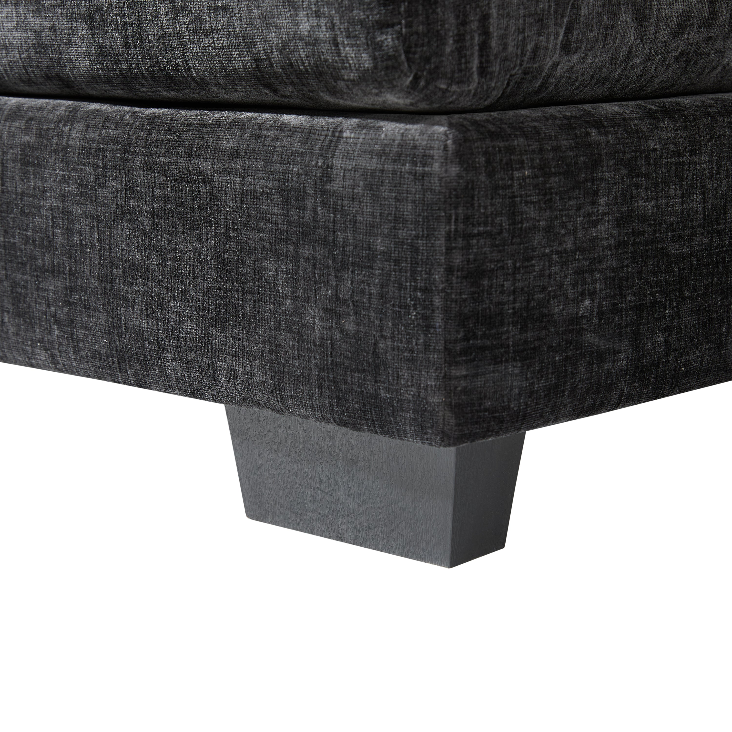 Close-up of sturdy leg base on Modern U-Shaped Sectional Sofa with Console & USB, showcasing durable construction and textured chenille fabric.