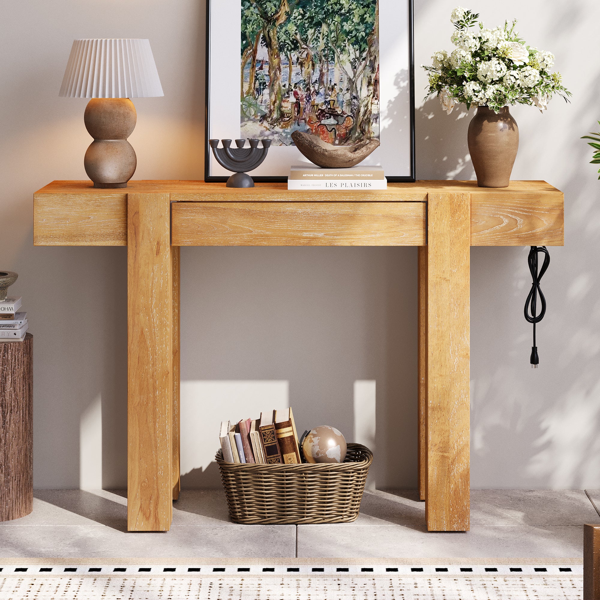 Solid wood console table in rustic finish with hidden drawer closed, power outlet visible on side. Ideal for entryways or living rooms.
