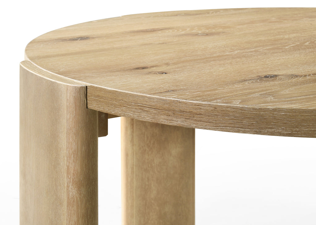 Close-up of Bowen Oak Dining Table top showing natural wood grain. Durable solid oak construction with smooth finish.