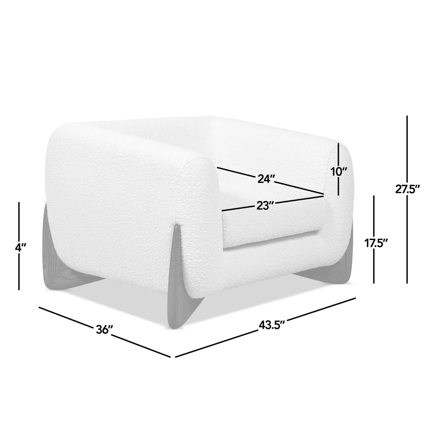 Dimension diagram of Alpine 44' Sherpa Arm Chair in ivory white boucle with labeled seat and overall measurements.