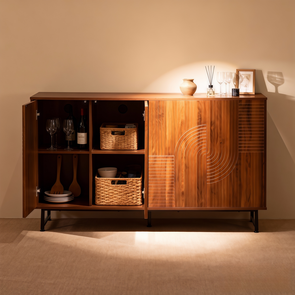 Walnut Mid-Century Modern Sideboard Buffet Cabinet.