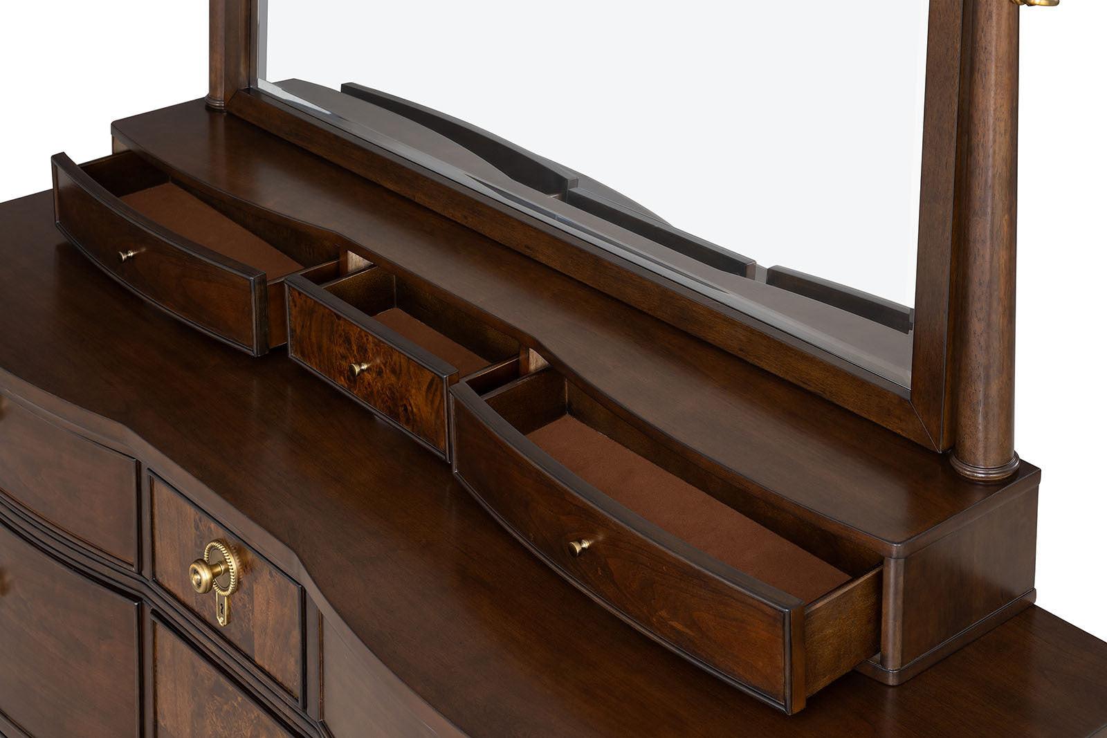 Transitional Dresser with Gold Capped Legs in Dark Cherry.