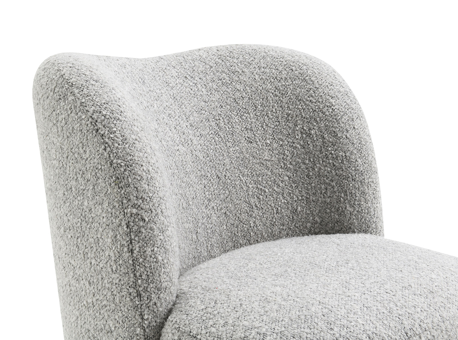 Detail of the curved backrest and soft boucle fabric on the gray accent chair, highlighting its modern and cozy design.