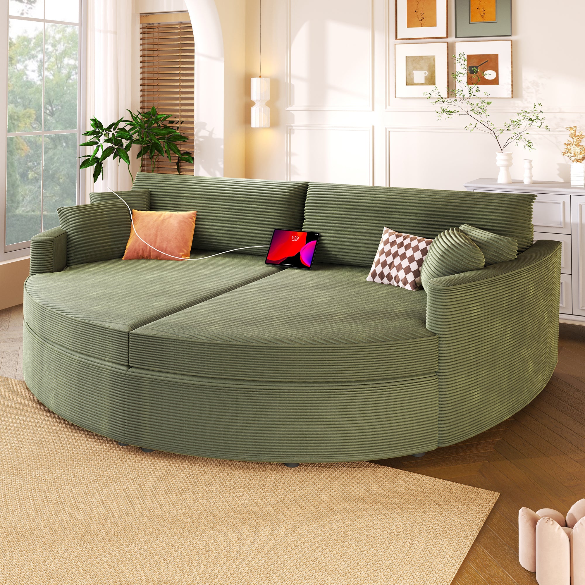 Green Oversized Double Chaise Lounge Sofa with Upholstered Corduroy Fabric, Deep Seat, USB Ports, and Removable Pillows – 102.3'