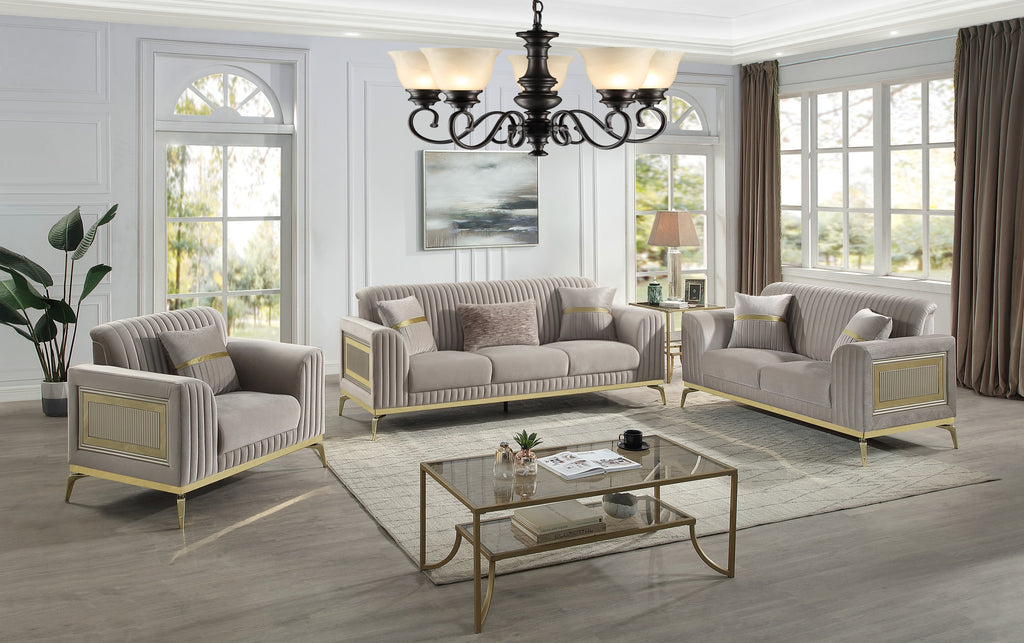 Antigua 3-Piece Chenille Living Room Set in Taupe with Gold Accents