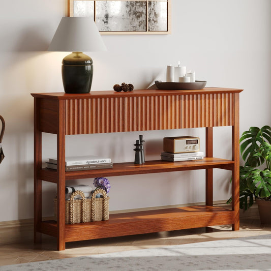 47″ Fluted MDF Console Table with Dual Drawers & Display Shelf , Stylish Entryway/Sofa Accent
