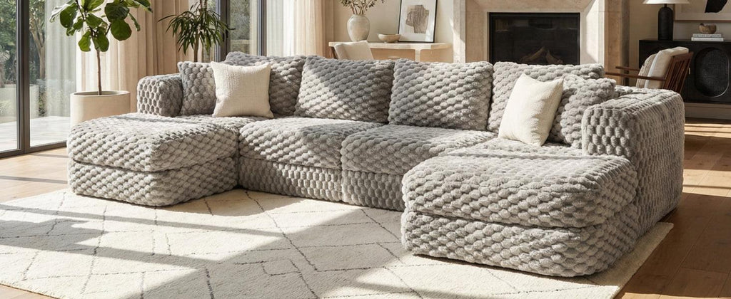 Modular Sectional Sofa Grey Bubble Velvet with Movable Ottomans.