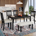 6-piece retro dining set with wooden table, four chairs, and bench in dovetail gray finish, ideal for modern kitchens and space-saving dining areas.