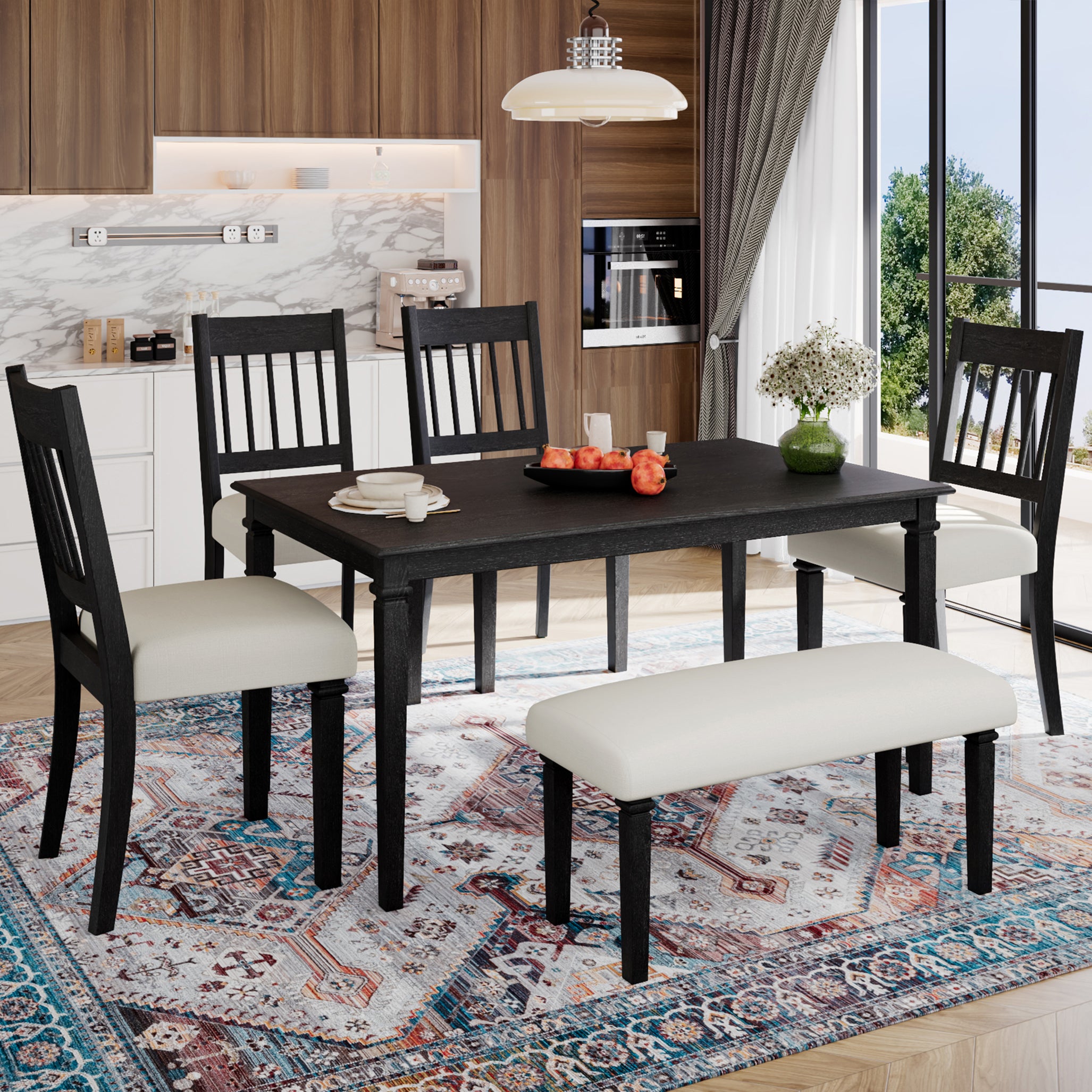 6-piece retro dining set with wooden table, four chairs, and bench in dovetail gray finish, ideal for modern kitchens and space-saving dining areas.