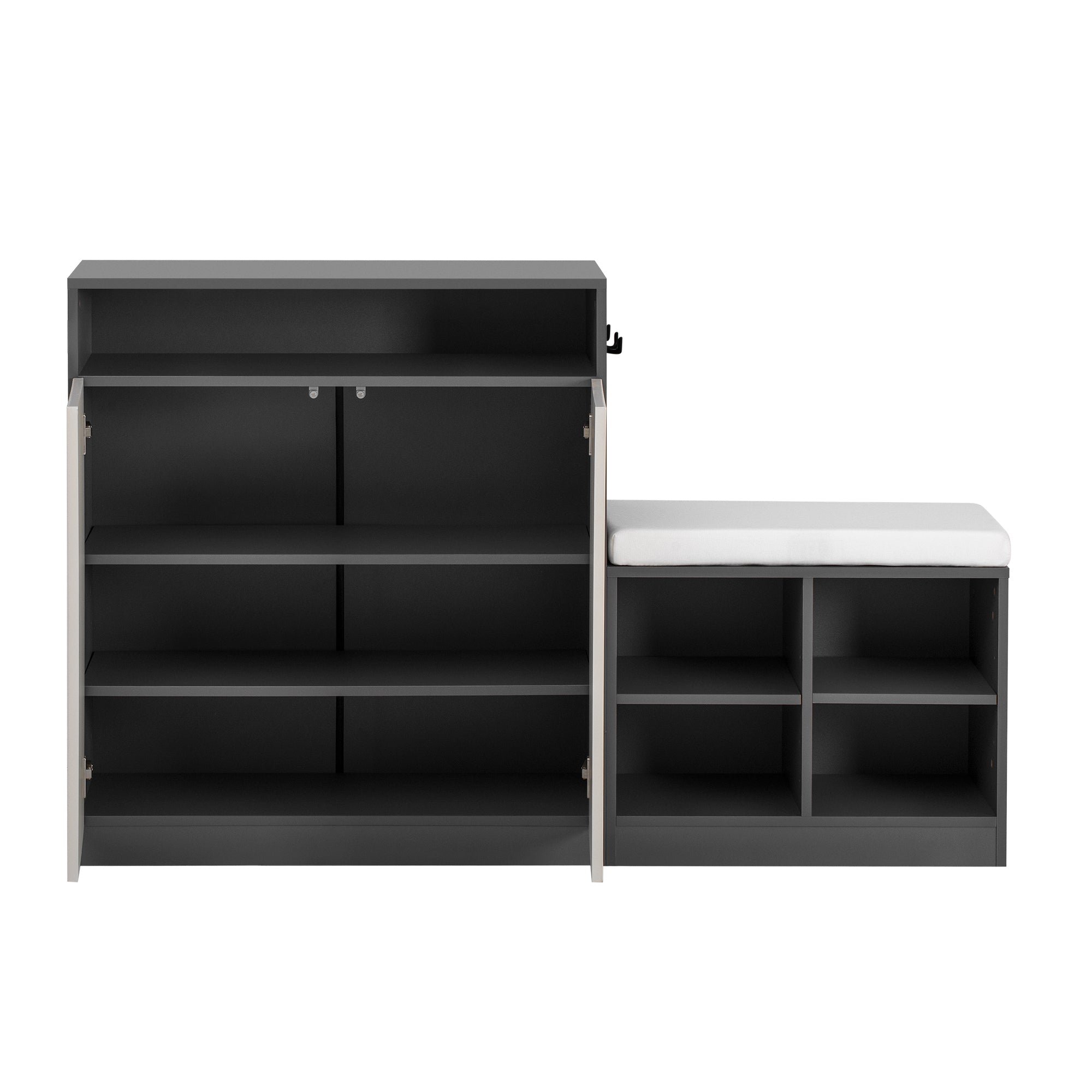 Interior view of living room cabinet & shoe bench combo with open doors revealing adjustable shelves and modular storage compartments.