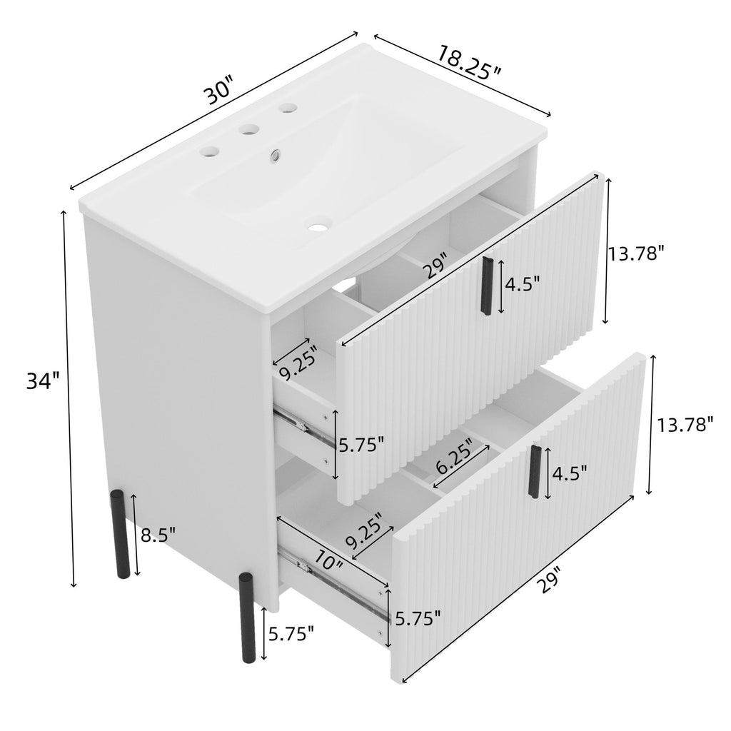 White Bathroom Vanity with Ceramic Sink - 30 Inch Design.