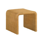 Square Woven Rattan End Table, Natural with curved edges and boho mod design, ideal for accenting modern living spaces.