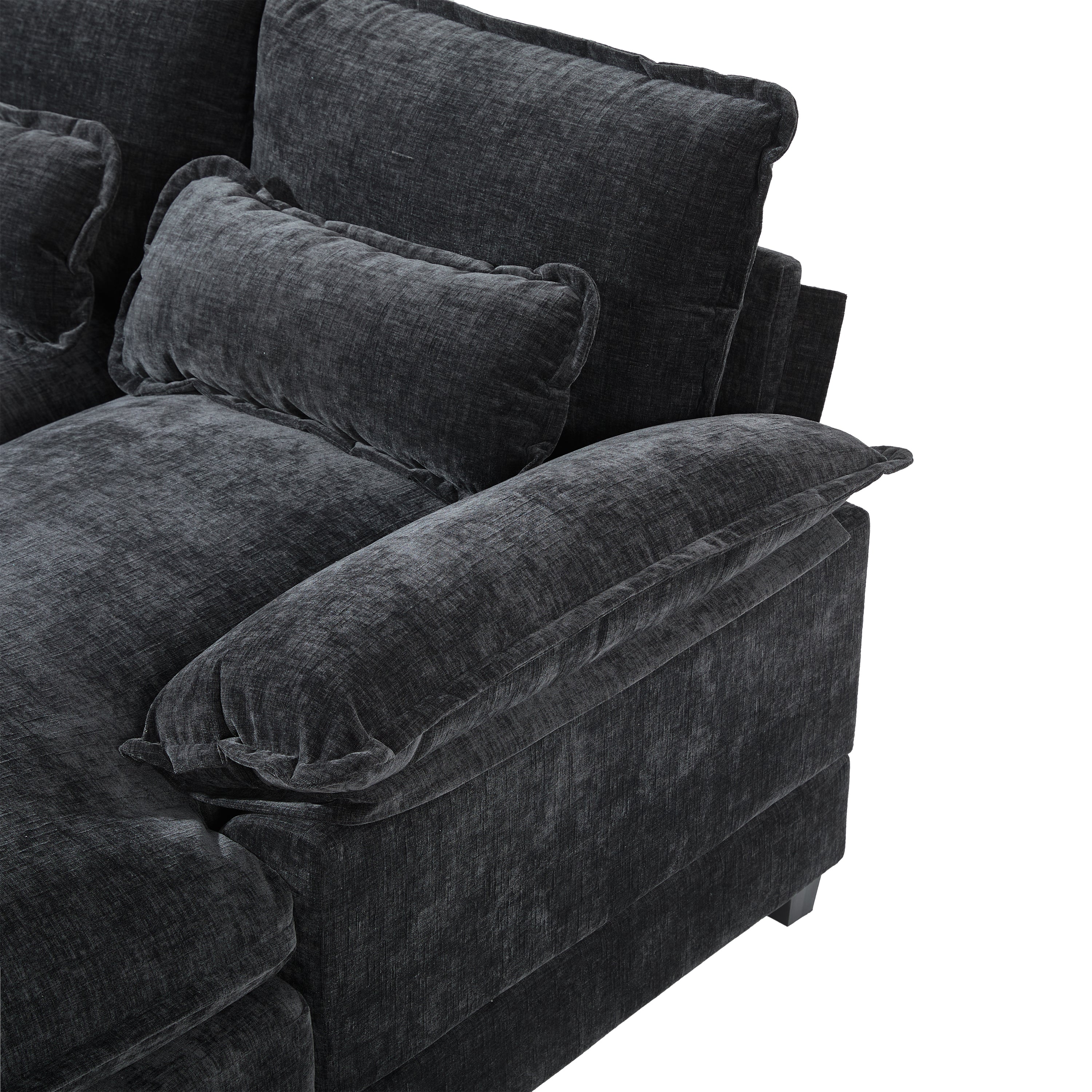Armrest and cushion detail of Modern U-Shaped Sectional Sofa with Console & USB, highlighting plush padding and soft chenille upholstery.