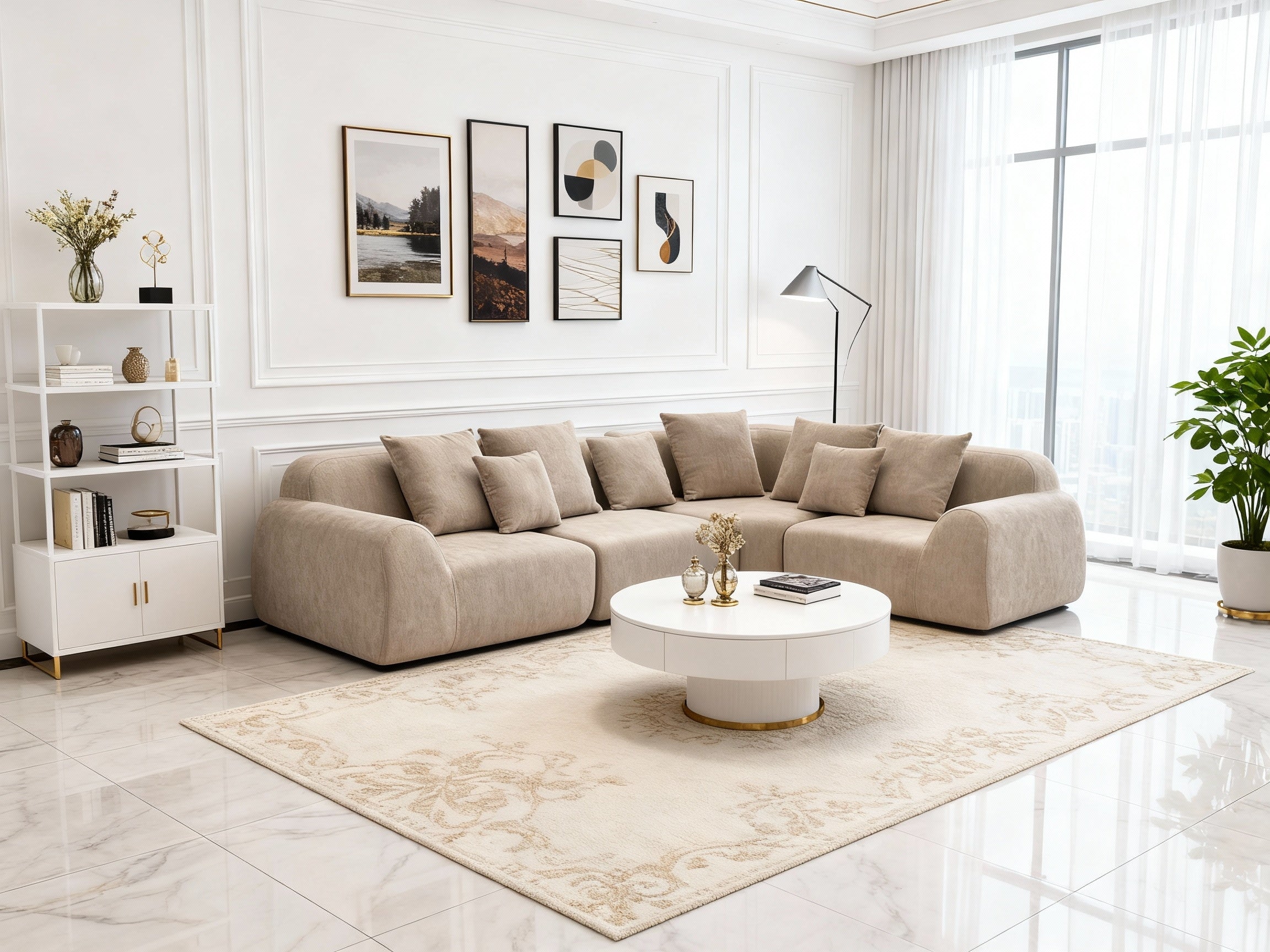 Oversized, L-shaped beige velvet sectional sofa with a plush, low-profile modular design and matching scatter cushions.