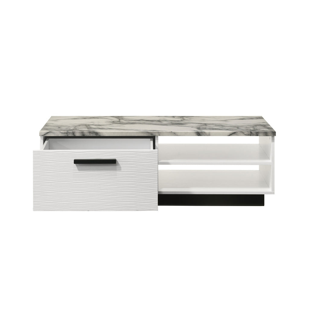 White Faux Marble Coffee Table - 47'W with Storage shown with open drawer and dual open shelves, offering practical and stylish organization.