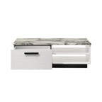 White Faux Marble Coffee Table - 47'W with Storage shown with open drawer and dual open shelves, offering practical and stylish organization.