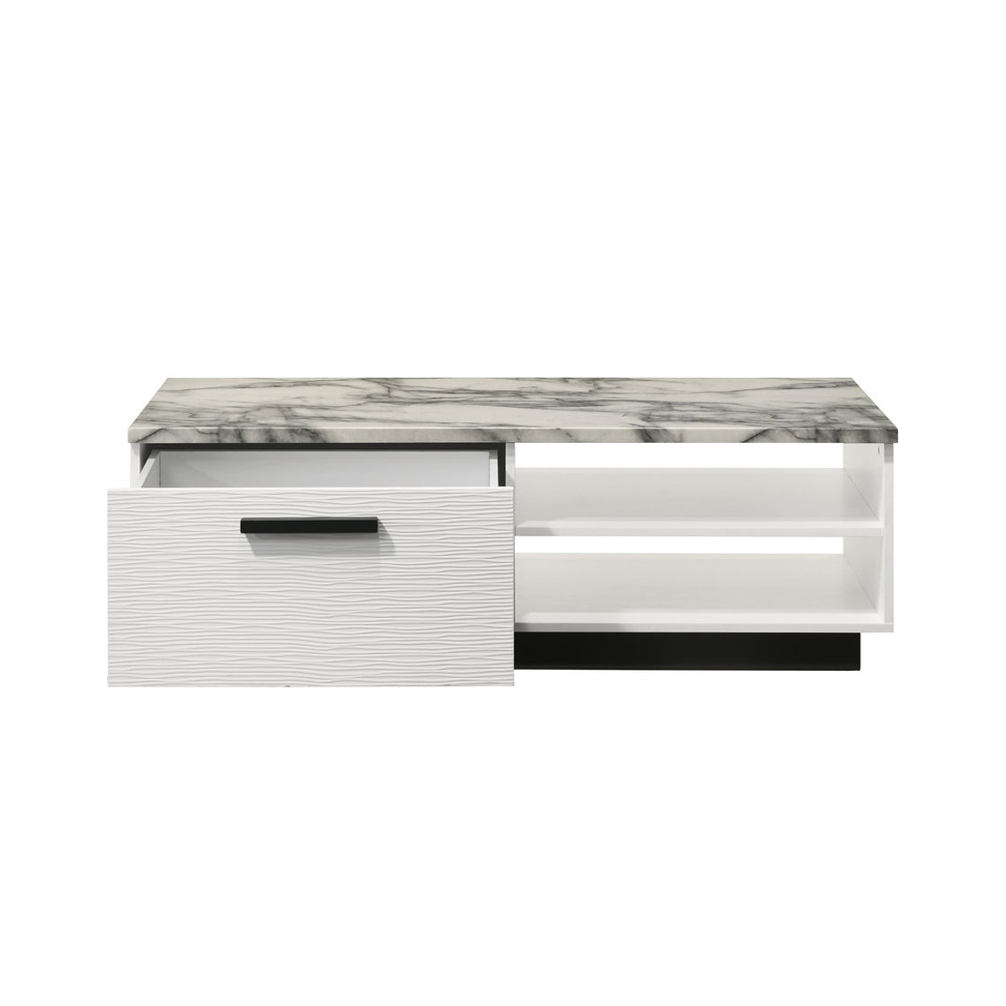 White Faux Marble Coffee Table - 47'W with Storage shown with open drawer and dual open shelves, offering practical and stylish organization.