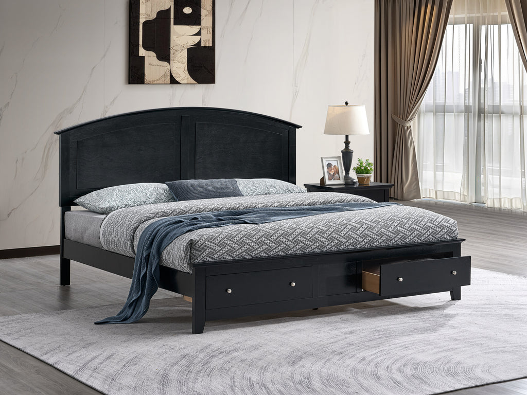 Full-size black bed frame with an arched headboard and two storage drawers in the footboard, set on a bedroom rug.