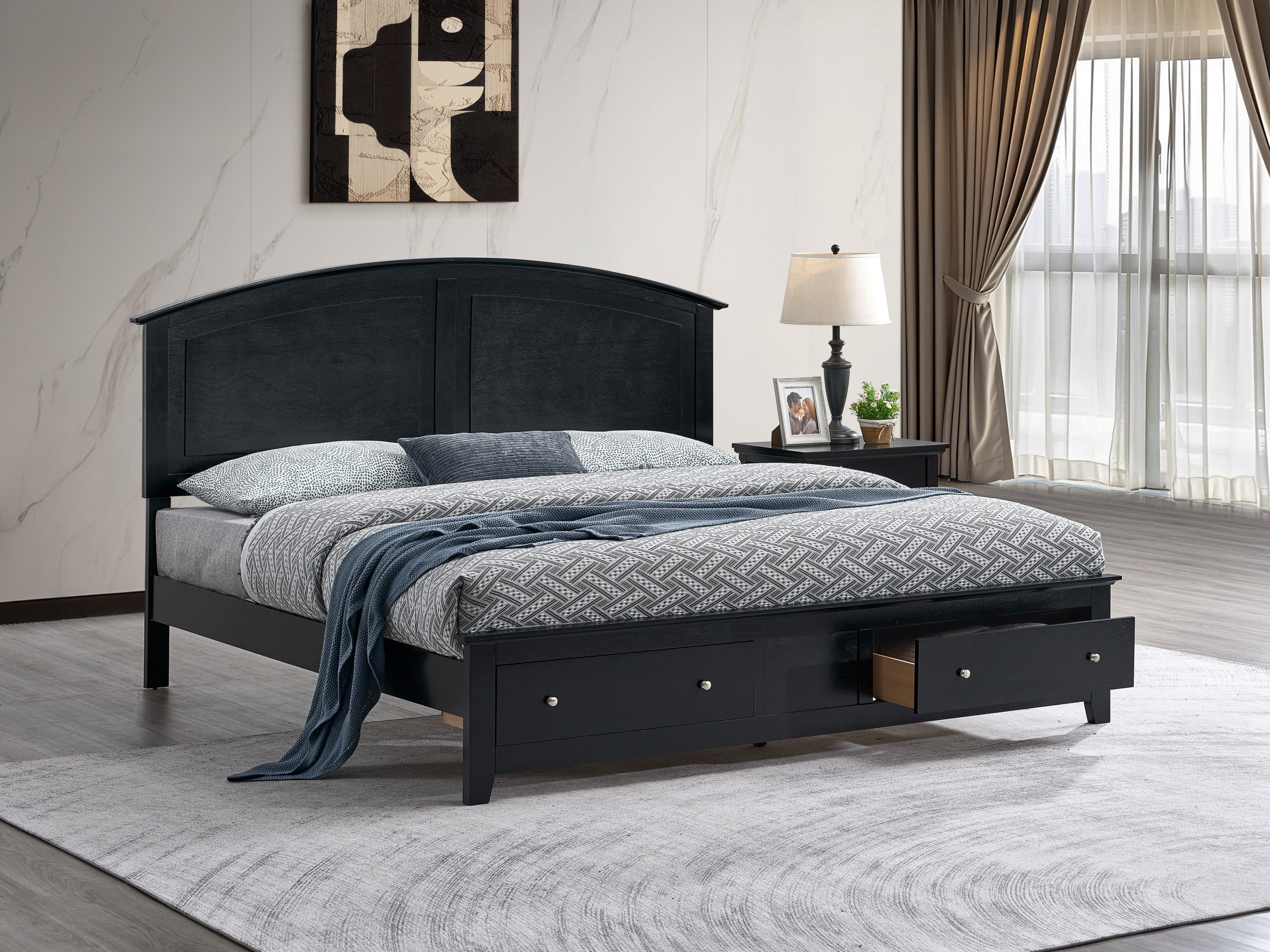 Black wooden king bed frame with an arched headboard and two built-in storage drawers at the foot.