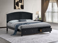 Modern black queen bed frame with an arched headboard and two built-in footboard storage drawers with silver pulls.