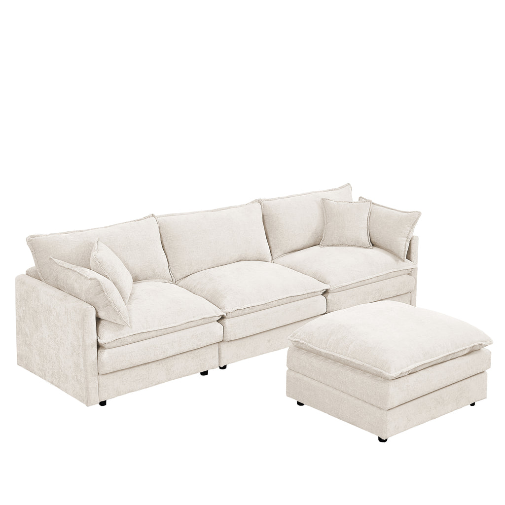 Contemporary Modular Sectional Sofa Set with Movable Ottoman, Chenille Upholstery, Beige, 102 Inch