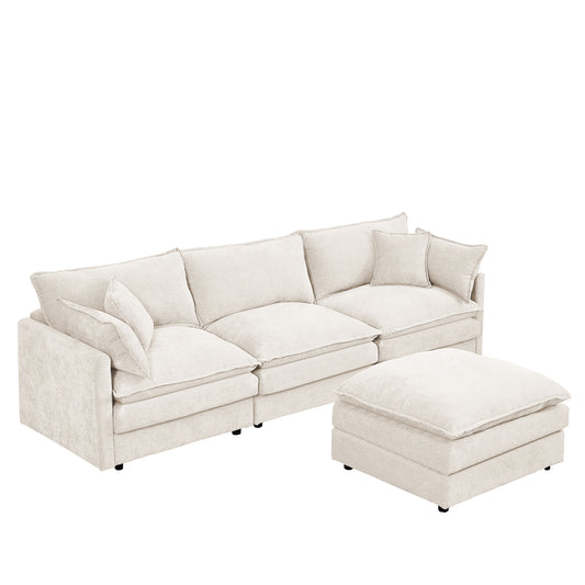 Contemporary Modular Sectional Sofa Set with Movable Ottoman, Chenille Upholstery, Beige, 102 Inch
