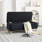 47.24''W Velvet Storage Ottoman with Gold Embroidery, Black.