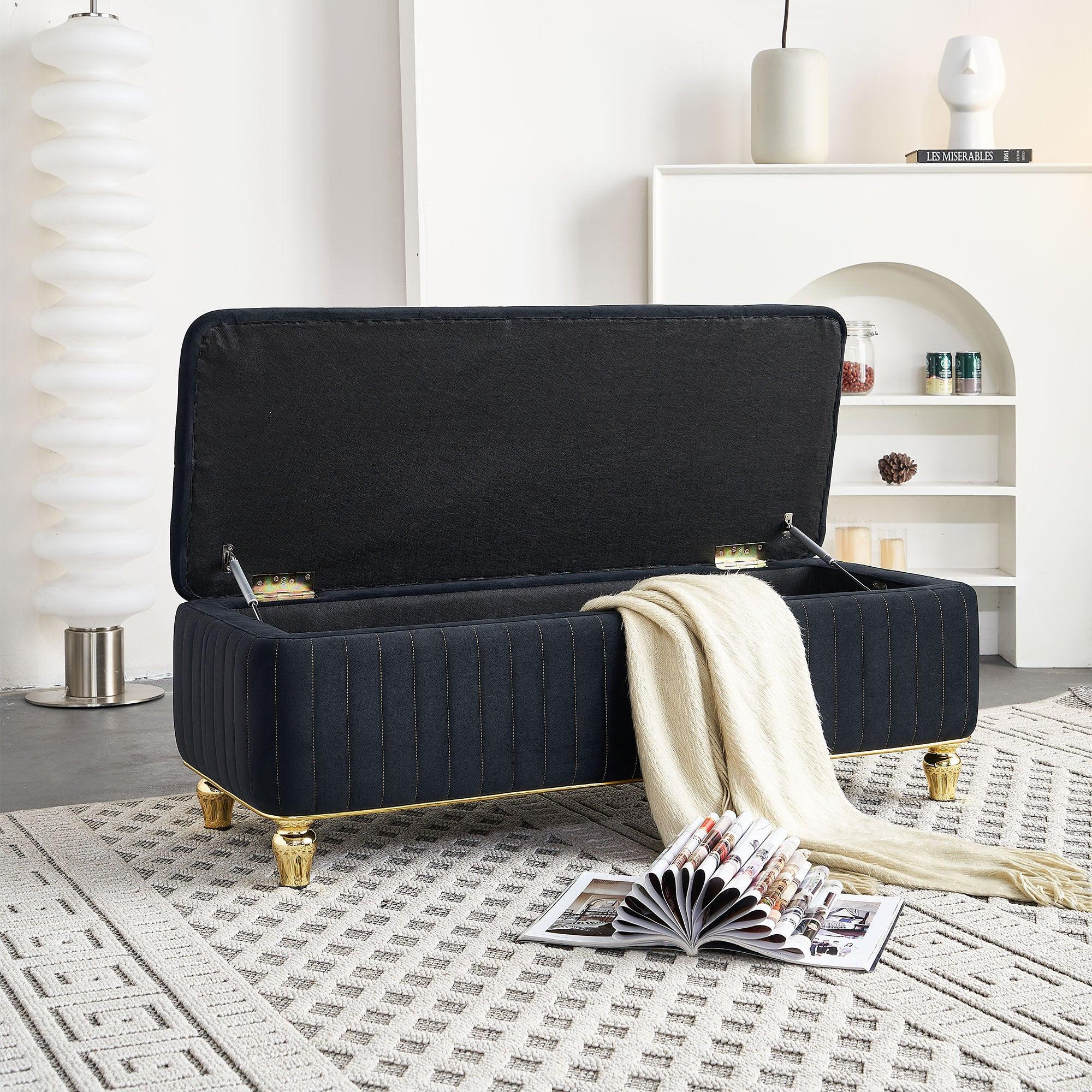 47.24''W Velvet Storage Ottoman with Gold Embroidery, Black.