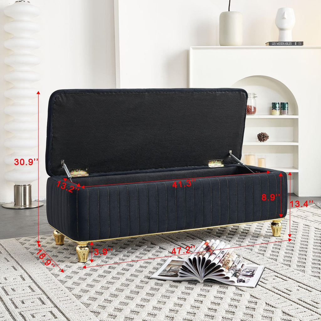 47.24''W Velvet Storage Ottoman with Gold Embroidery, Black.