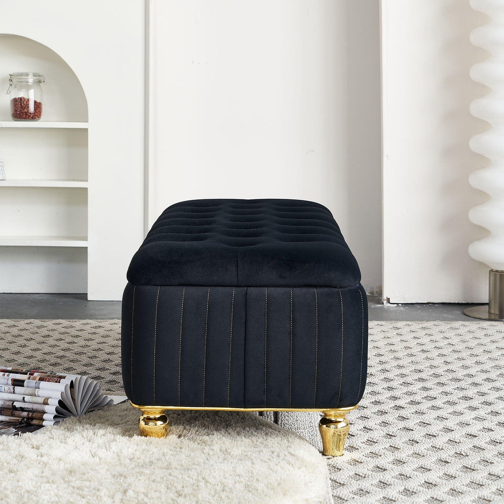 47.24''W Velvet Storage Ottoman with Gold Embroidery, Black.