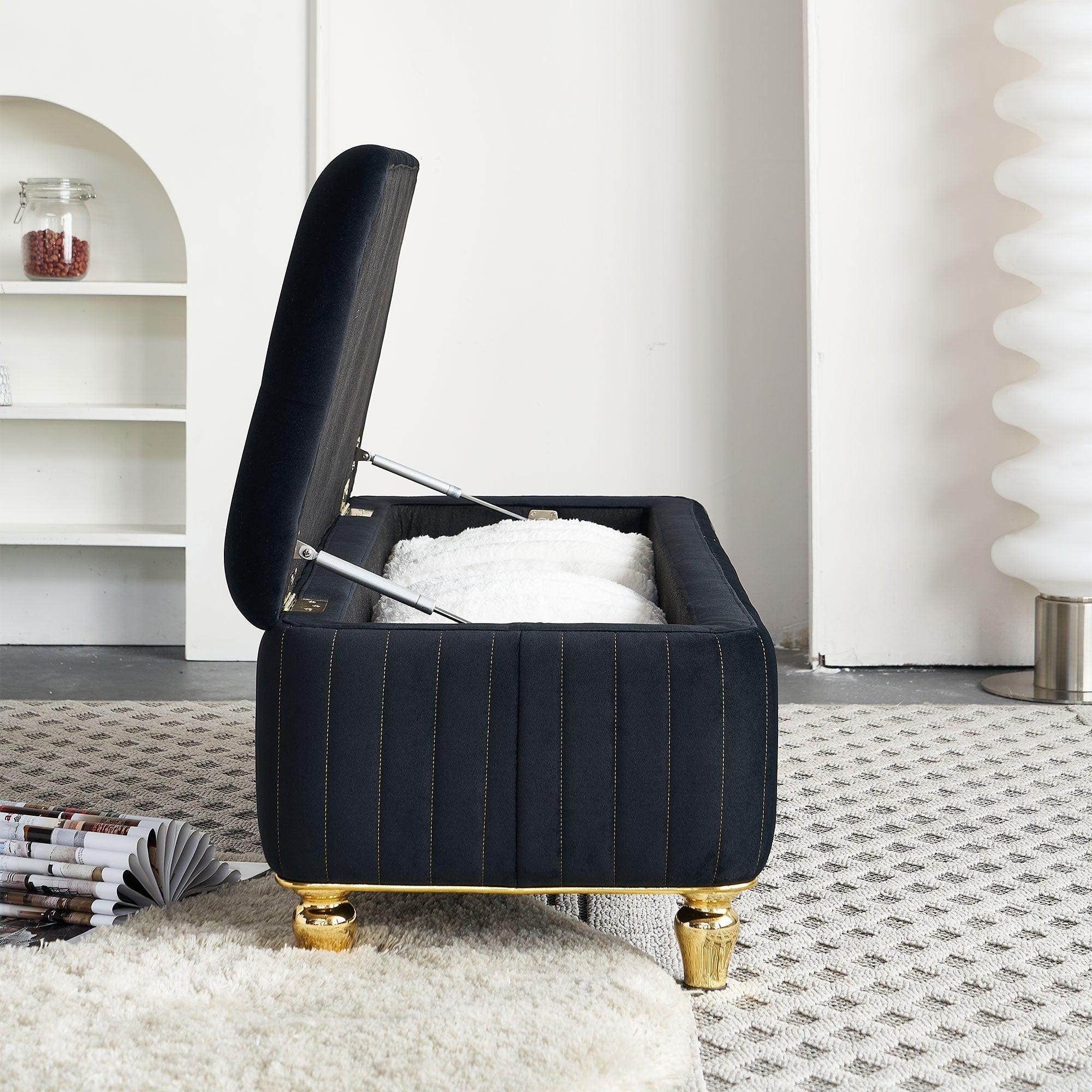 47.24''W Velvet Storage Ottoman with Gold Embroidery, Black.