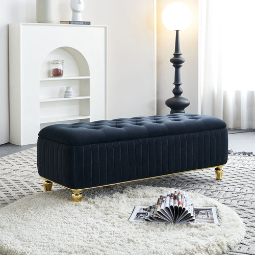 47.24''W Storage Ottoman,Upholstered Velvet Fabric Storage Ottoman with Safety Hinge, gold decoration strip and gold embroidery Footstool, Ottoman Bench for Living Room & Bedroom,Black Color