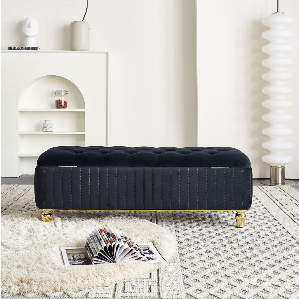 47.24''W Velvet Storage Ottoman with Gold Embroidery, Black.