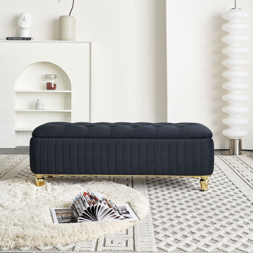 47.24''W Velvet Storage Ottoman with Gold Embroidery, Black.