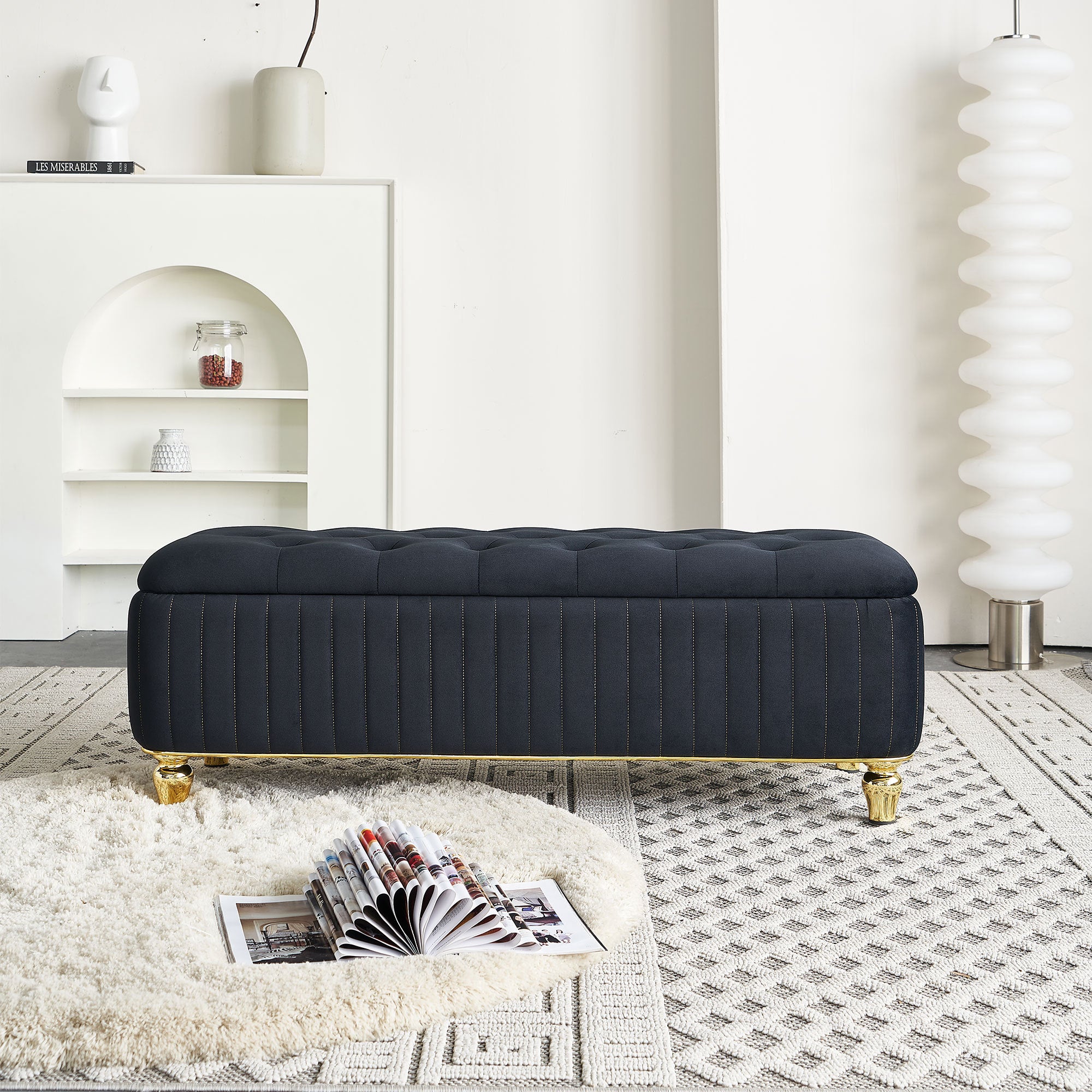 47.24''W Storage Ottoman,Upholstered Velvet Fabric Storage Ottoman with Safety Hinge, gold decoration strip and gold embroidery Footstool, Ottoman Bench for Living Room & Bedroom,Black Color