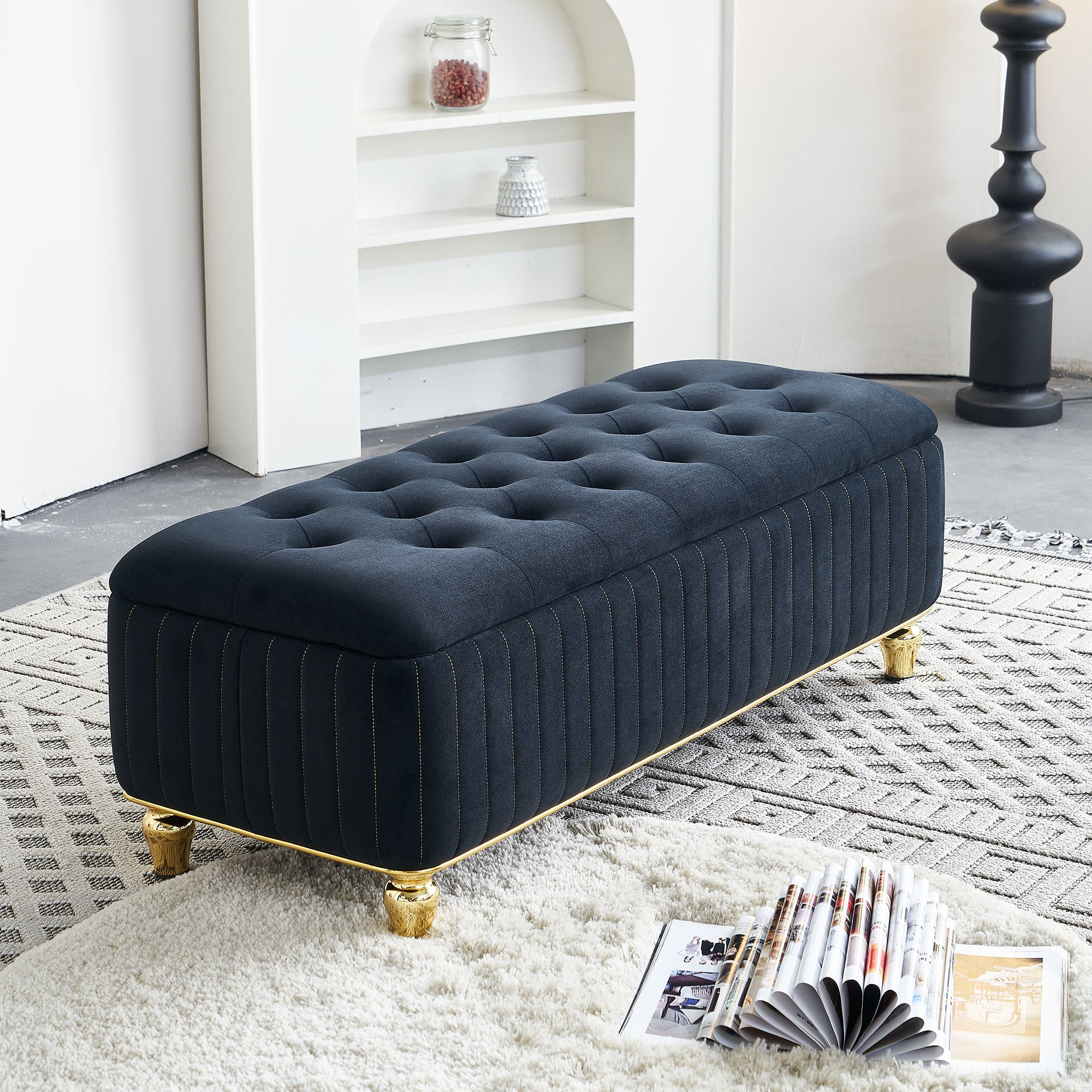 47.24''W Storage Ottoman,Upholstered Velvet Fabric Storage Ottoman with Safety Hinge, gold decoration strip and gold embroidery Footstool, Ottoman Bench for Living Room & Bedroom,Black Color