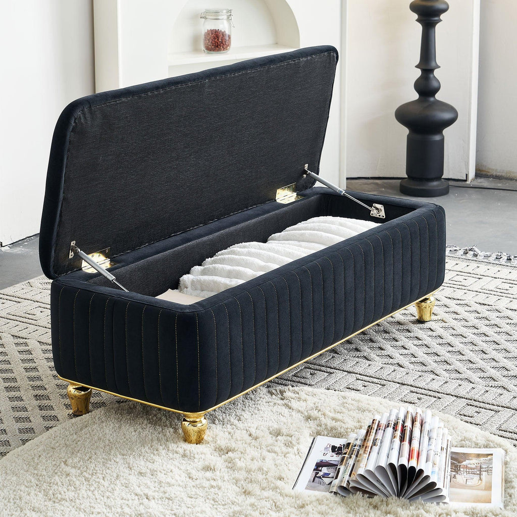 47.24''W Velvet Storage Ottoman with Gold Embroidery, Black.