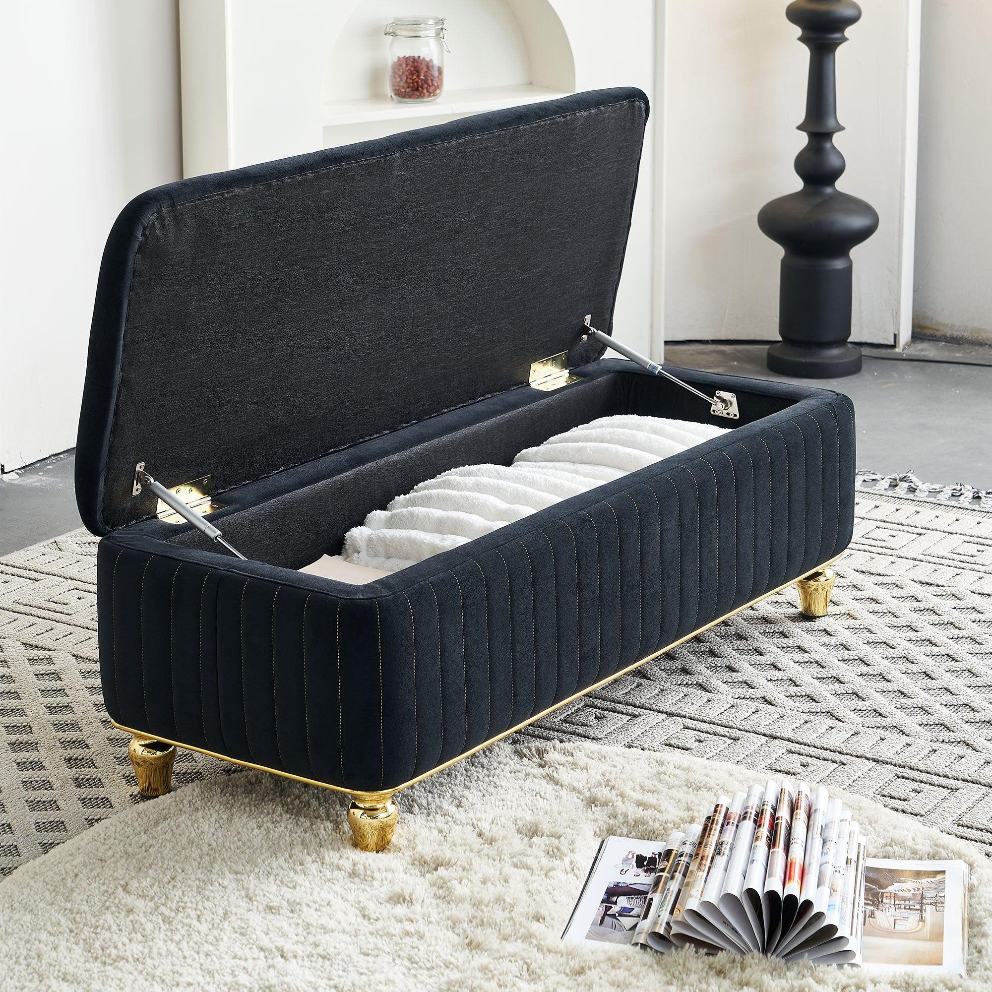 47.24''W Velvet Storage Ottoman with Gold Embroidery, Black.