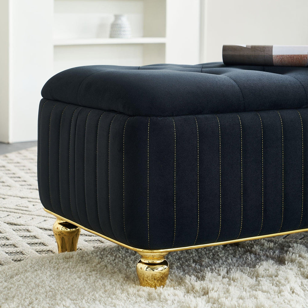 47.24''W Velvet Storage Ottoman with Gold Embroidery, Black.