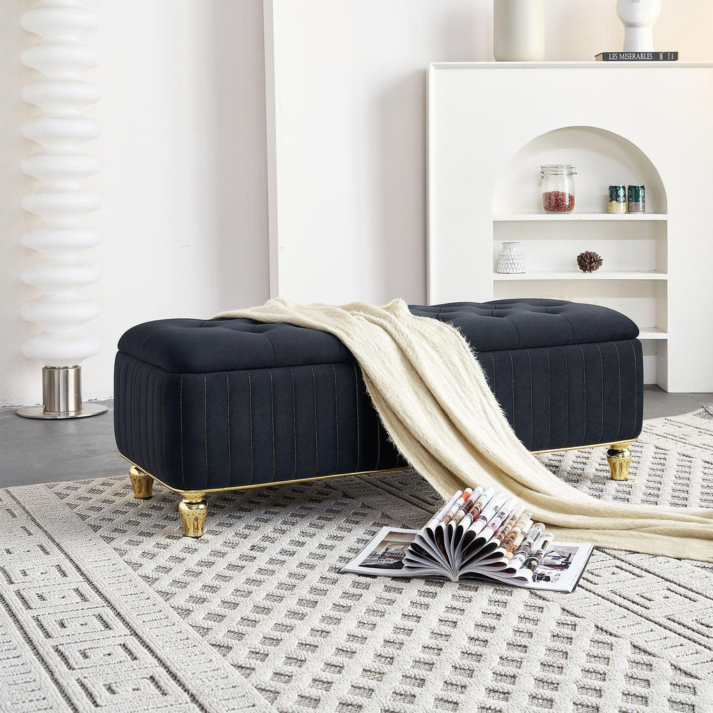 47.24''W Velvet Storage Ottoman with Gold Embroidery, Black.