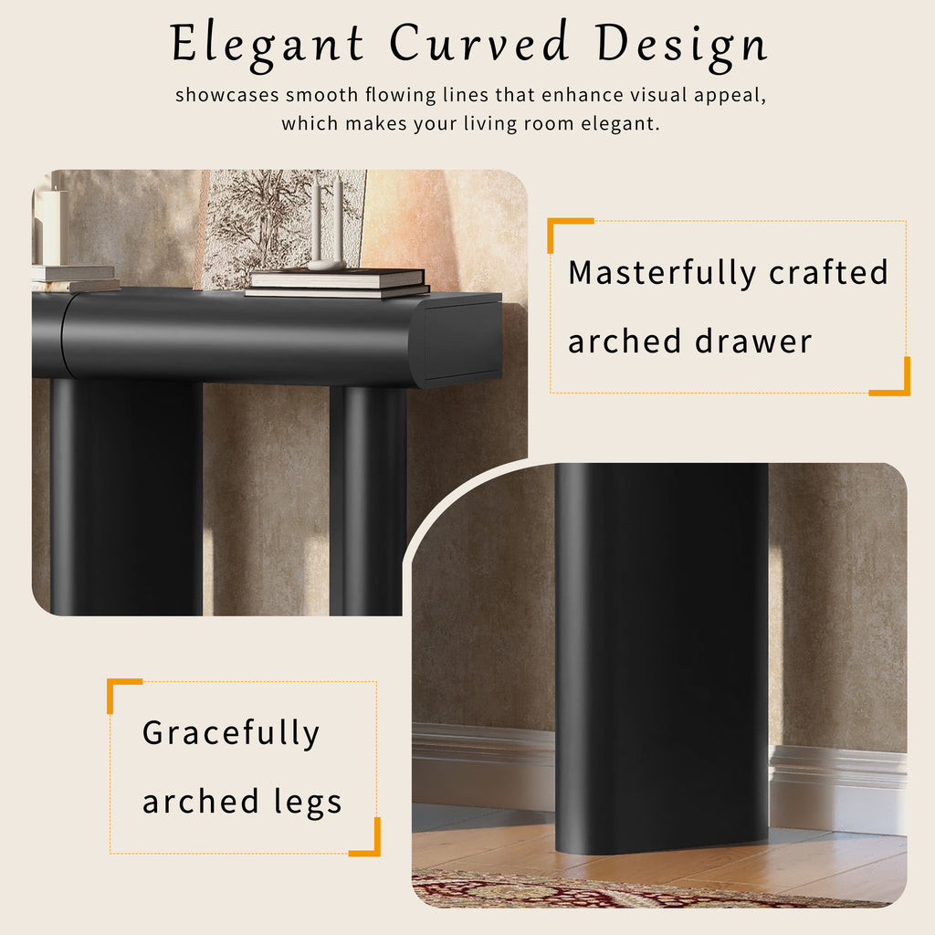 U_Style 47.6' Modern Painted Entryway Table with 2 Curved Drawers,Space-Saving Hallway Table with Geometric Legs,Contemporary Narrow Sofa Table for Living Room,Bedroom,Small Apartments, Foyer(Black)