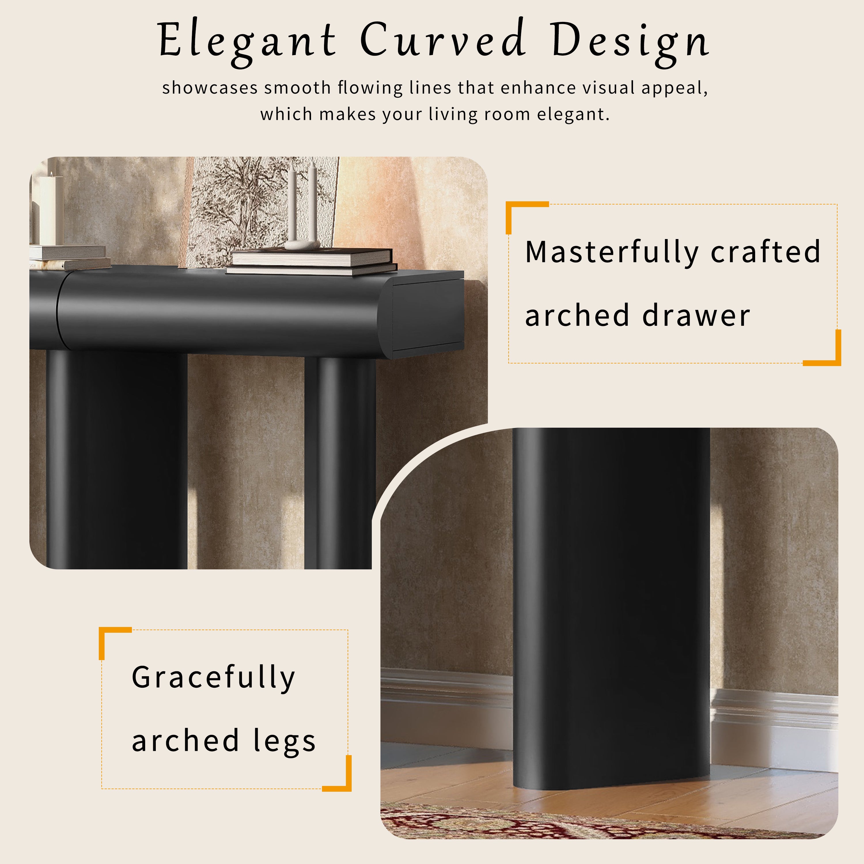 U_Style 47.6' Modern Painted Entryway Table with 2 Curved Drawers,Space-Saving Hallway Table with Geometric Legs,Contemporary Narrow Sofa Table for Living Room,Bedroom,Small Apartments, Foyer(Black)