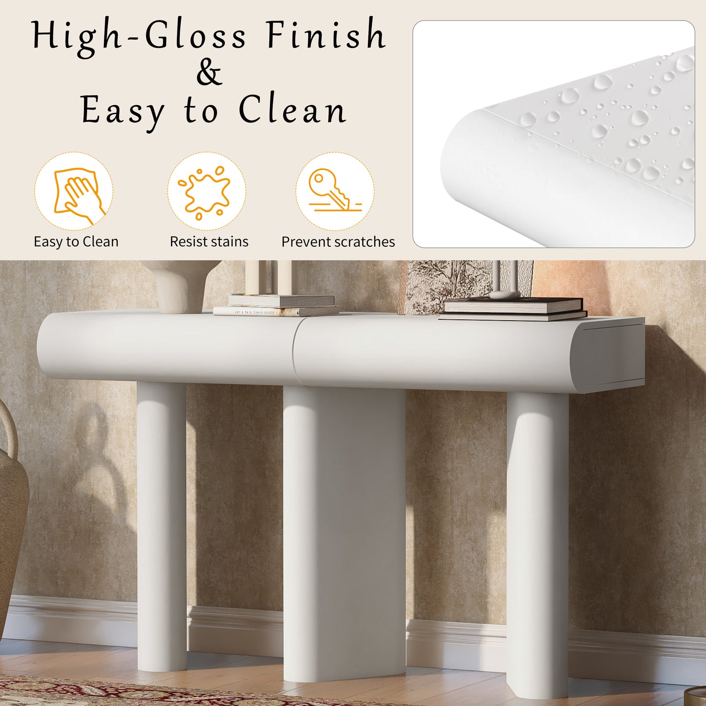 U_Style 47.6' Modern Painted Entryway Table with 2 Curved Drawers,Space-Saving Hallway Table with Geometric Legs,Contemporary Narrow Sofa Table for Living Room,Bedroom,Small Apartments, Foyer(White)