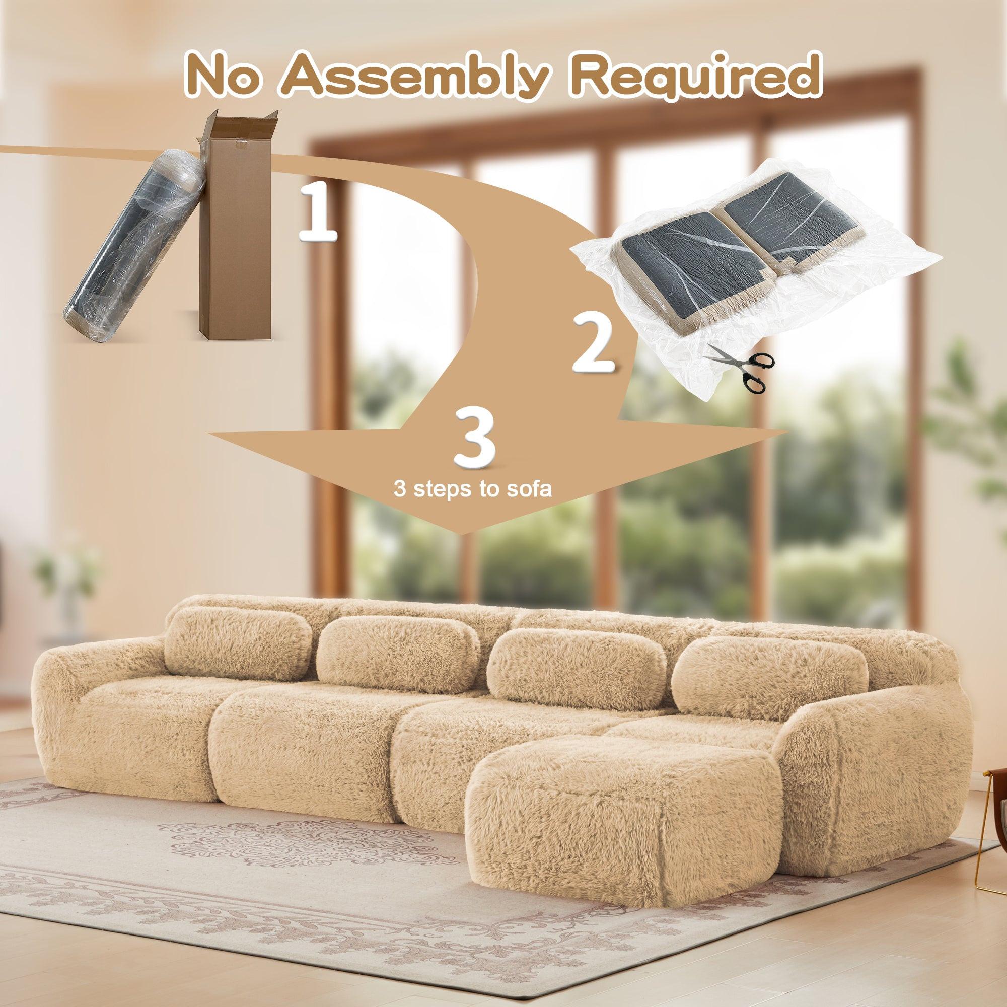 L-shaped Modular Sectional Sofa Couches, Plush Fabric, No Assembly, Light Khaki.