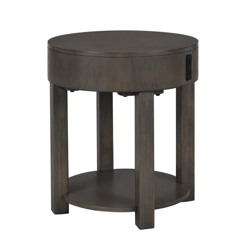 Compact 20-inch light brown MDF end table with dual USB ports and lower shelf, perfect for functional modern interiors.