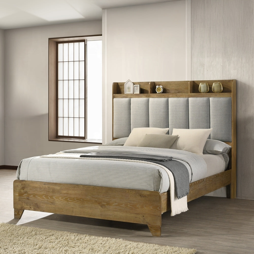 Queen Bed with USB Ports in Transitional Brown Upholstered finish featuring a padded headboard and built-in shelf for storage and charging devices.