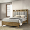 King Wooden Bed USB Ports - King Size Bed with brown wood frame, upholstered headboard, and built-in USB ports in a modern bedroom setting.