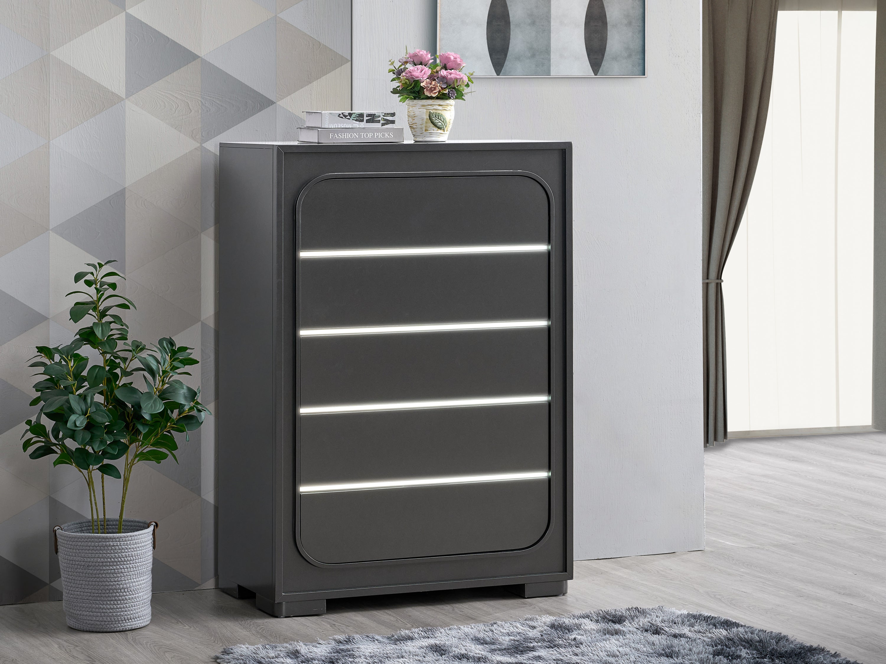 Wenge Wood 5-Drawer Chest with Motion-Activated LED Lighting