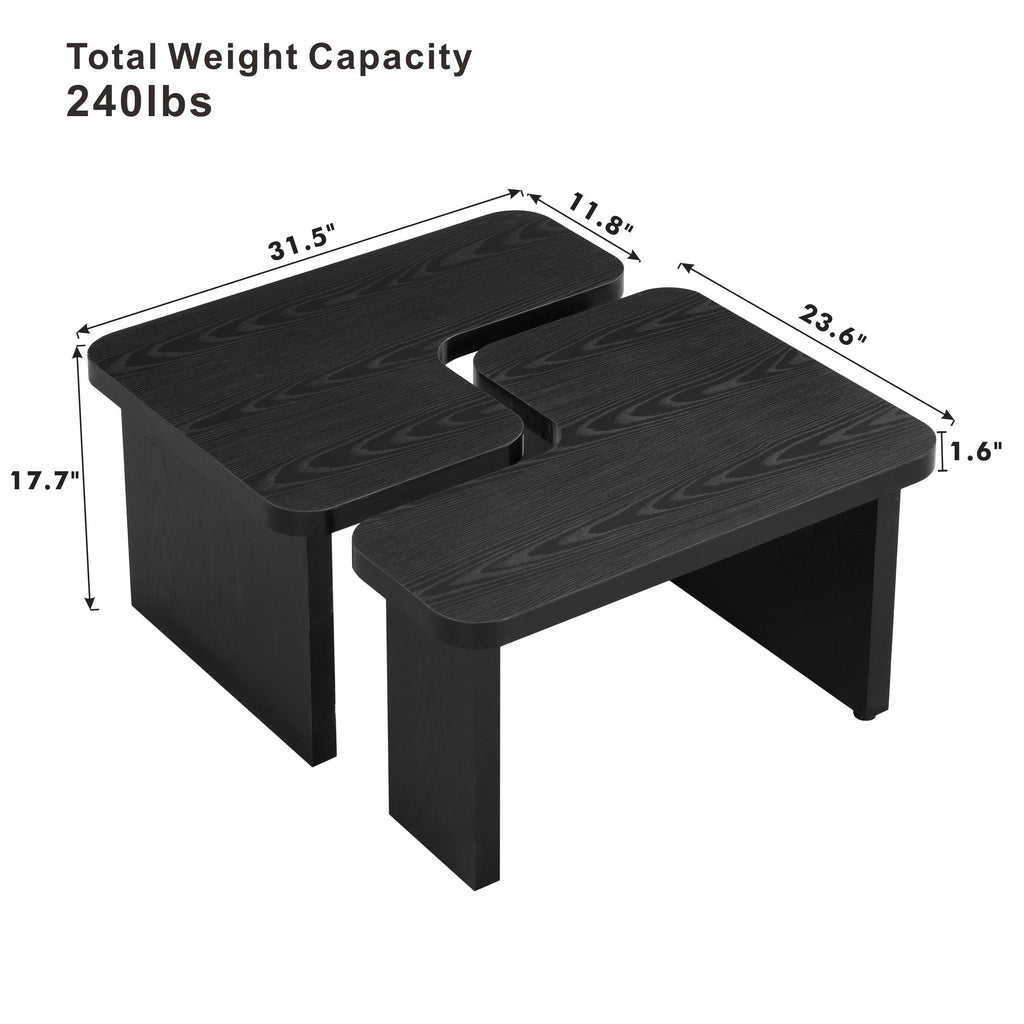 47x24 Inch Black Wood L-Shaped Farmhouse Coffee Table.